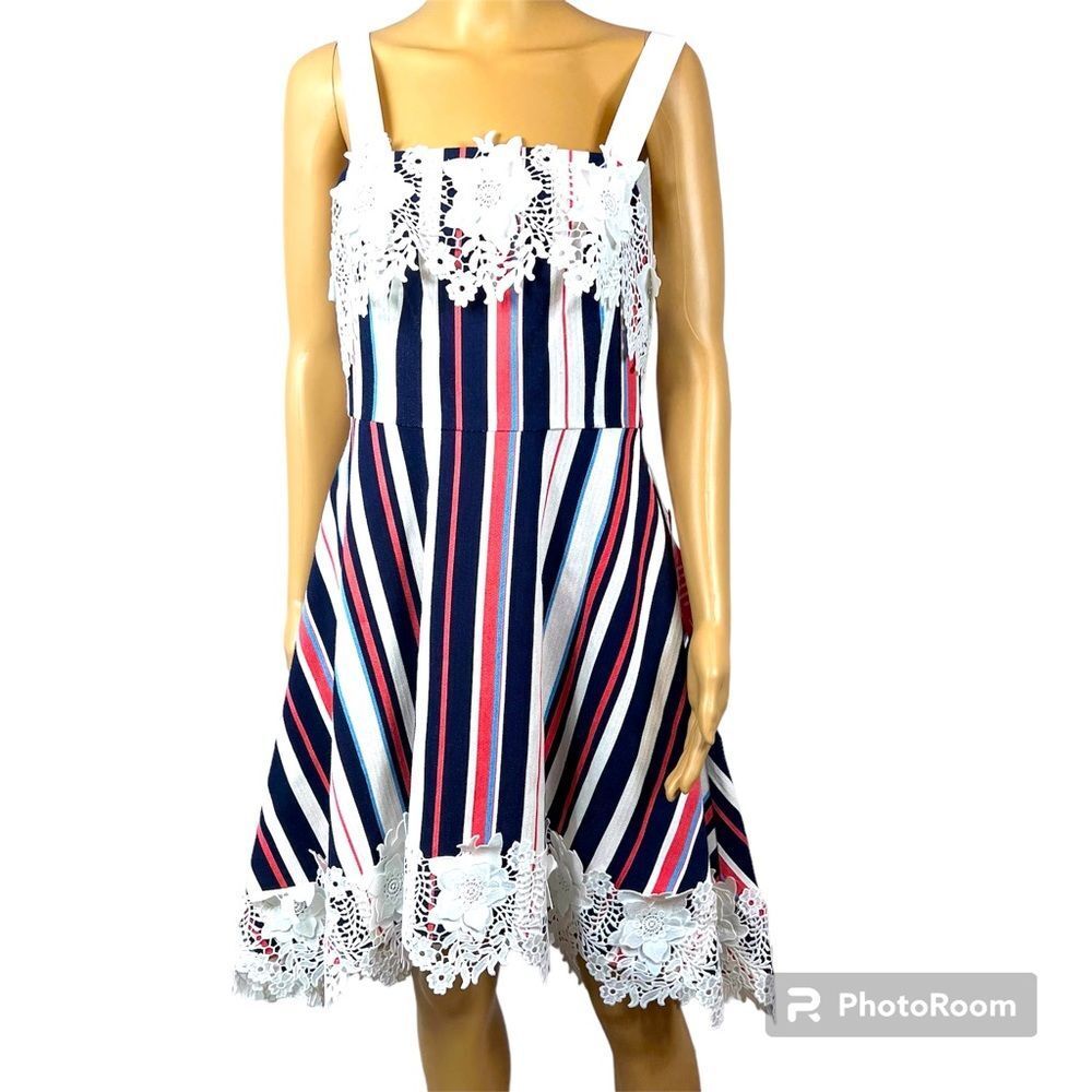 Belle Badgley Mischka Womens Lace Trim Woven Stripe A Line Dress Navy Pink Sz 6